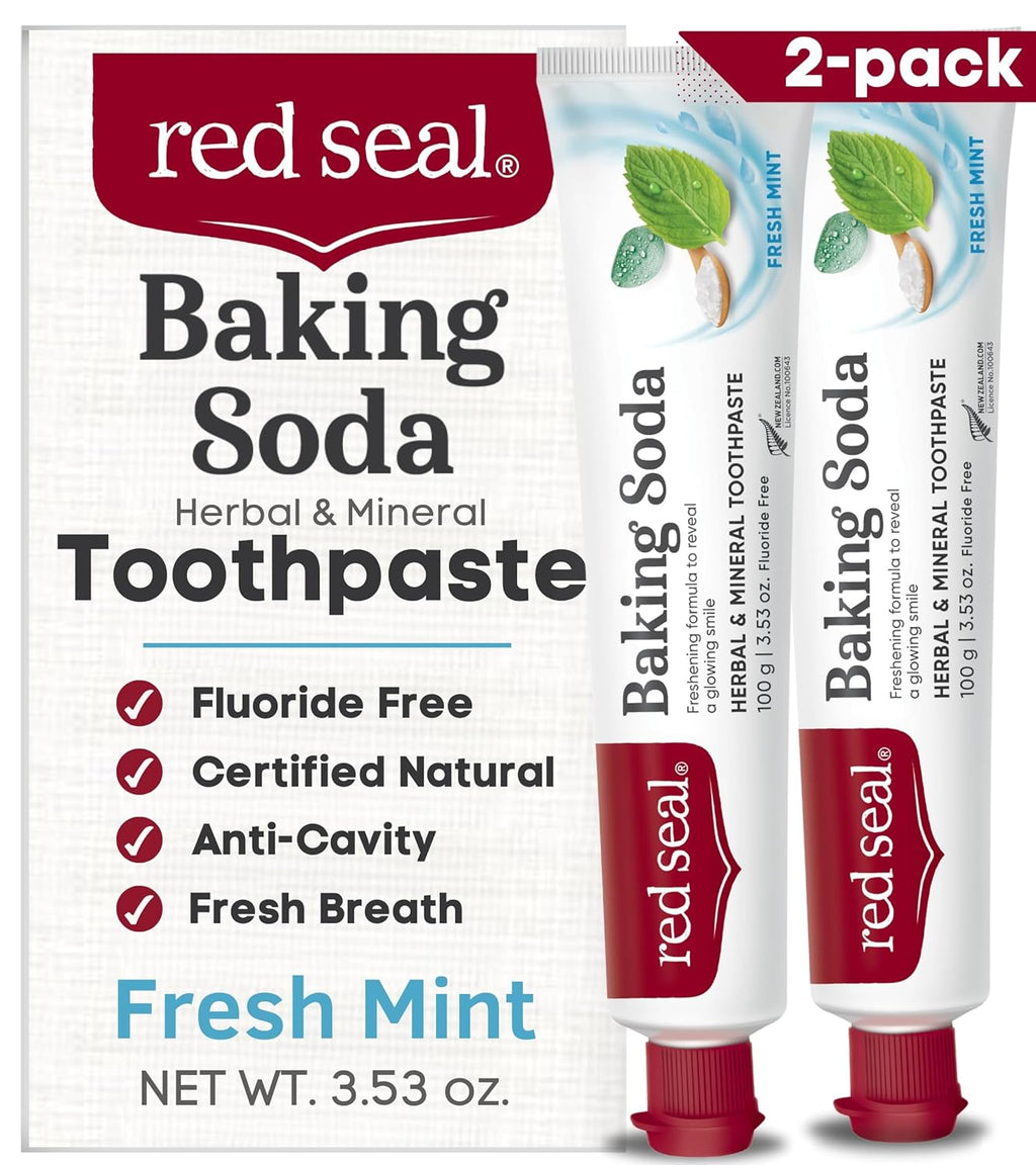 Red Seal Baking Soda Toothpaste - Fluoride-Free Herbal & Mineral Formula, Vegan-Friendly, Cruelty-Free, SLS and Paraben-Free, No Artificial Flavors, NATRUE Certified Natural, Dry Mouth Relief (2 Pack)