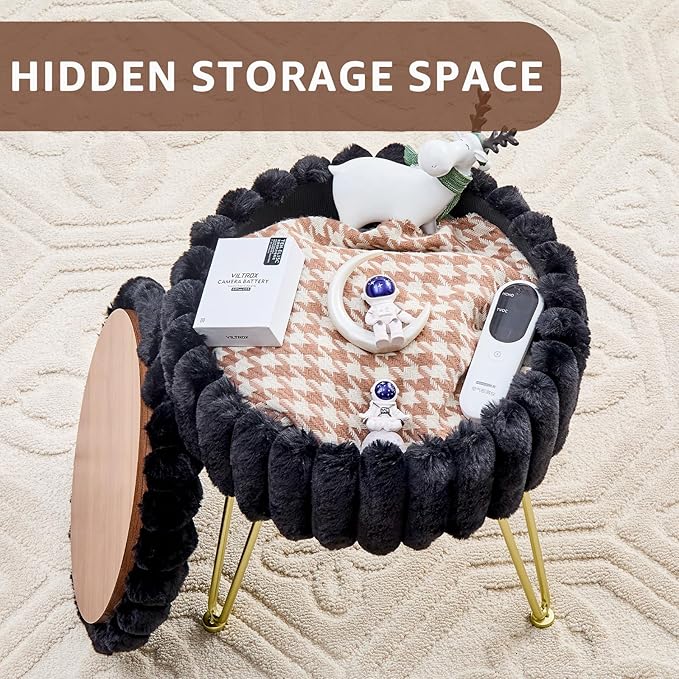 Wimarsbon Vanity Stool with Storage, Faux Fur Ottoman Chair with Metal Legs, Round Makeup Vanity Chair for Bedroom or Dressing Table, Modern Small Ottoman Seat (Black)