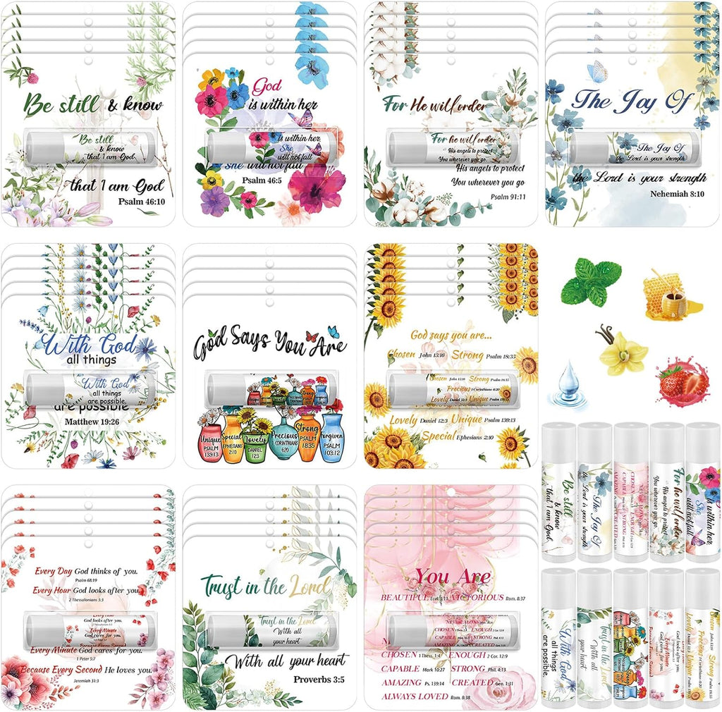 50 Pack Christian Religious Gifts Bulk Bible Verse Lip Balms 5 Flavor for Women Men Christian Religious Church Party Favors with Scripture Inspirational Gifts for Coworkers Staff