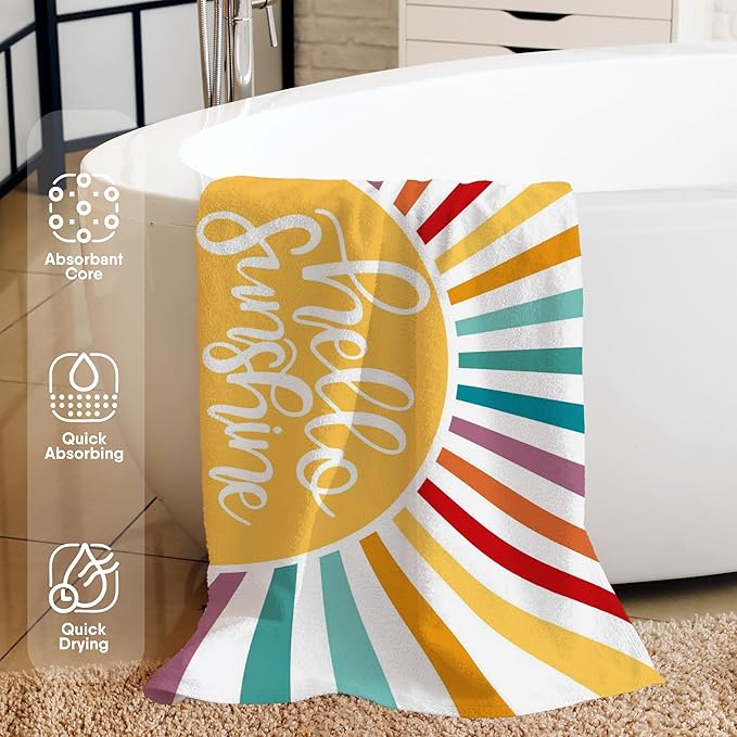 Colorful Boho Sunshine Kids Beach Towel, Boho Sun Sunrise Pool Towels, Hello My Sunshine Large Beach Bath Travel Towels for Women Girls, Sunrise Sun Bathroom Nursery Accessories Decor,30x60in