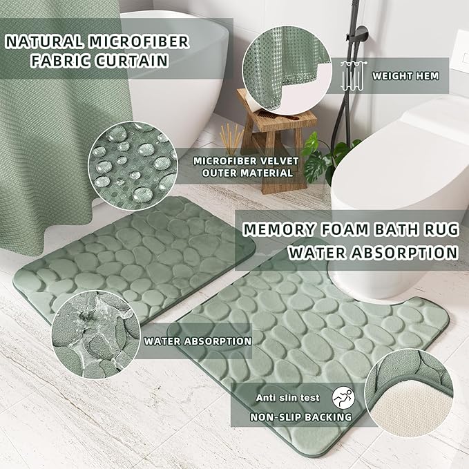 26PC Bathroom Accessories Set - Gorgeous Bathroom Set, Sage Green Bathroom Accessory Set, Shower Curtain Set with Bathtub Mats for Shower Tub, Trash Can & Soap Dispenser