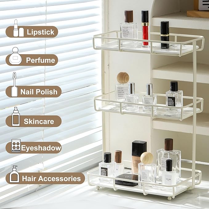 Bathroom Organizer Countertop Perfume Organizer Makeup Organizer Cosmetics Storage Display Rack Vanity Tray Dresser Stainless Steel Gold Shelf White Marble Ceramic Tray