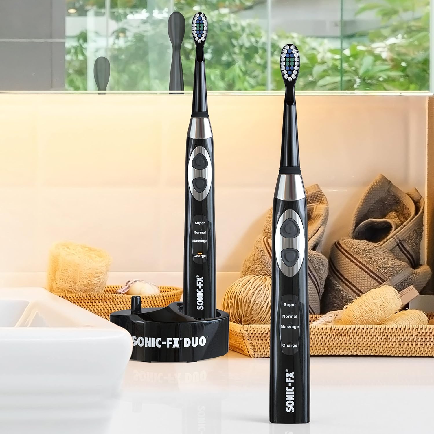 Sonic-FX Duo Rechargeable Electric Toothbrush Set - with 14 Brush Heads, 3 Modes, Smart Auto-Timer, Charging Dock Holder - Dual Handle Electric Tooth Brush for Adults & Kids, Black