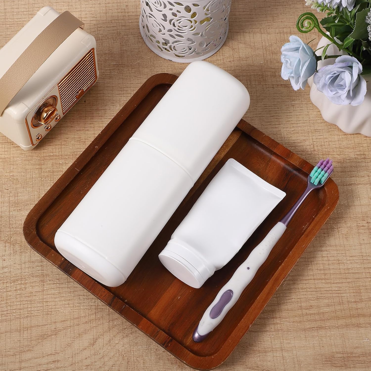 Toothbrush Travel Case Portable Toothbrush Holder with Mouthwash Cup Compact Toothbrushes and Toothpaste Container for Traveling Camping Business Trips Large Capacity White Toothbrushes Holders