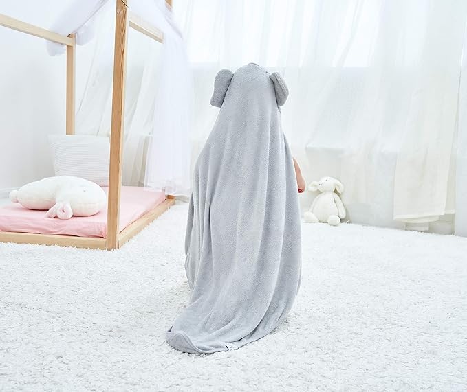 HIPHOP PANDA Hooded Towel - Rayon Made from Bamboo, Bath Towel with Bear Ears for Newborn, Babie, Toddler, Infant - Absorbent Large Baby Towel - Grey Elephant, 37.5 x 37.5 Inch