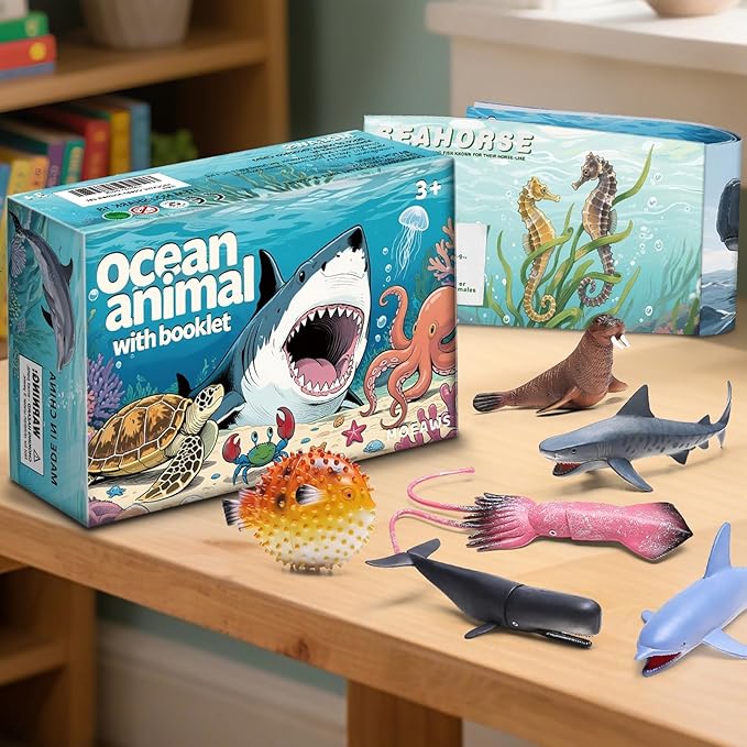 20 Pcs Ocean Animal Toy with Educational Booklet, Plastic Sea Animal with Gift Box, Mini Sea Creature Figures for Kids Age 3+, Birthday Gift, Ocean Theme Party Favor, Water Bath Toy for Toddler