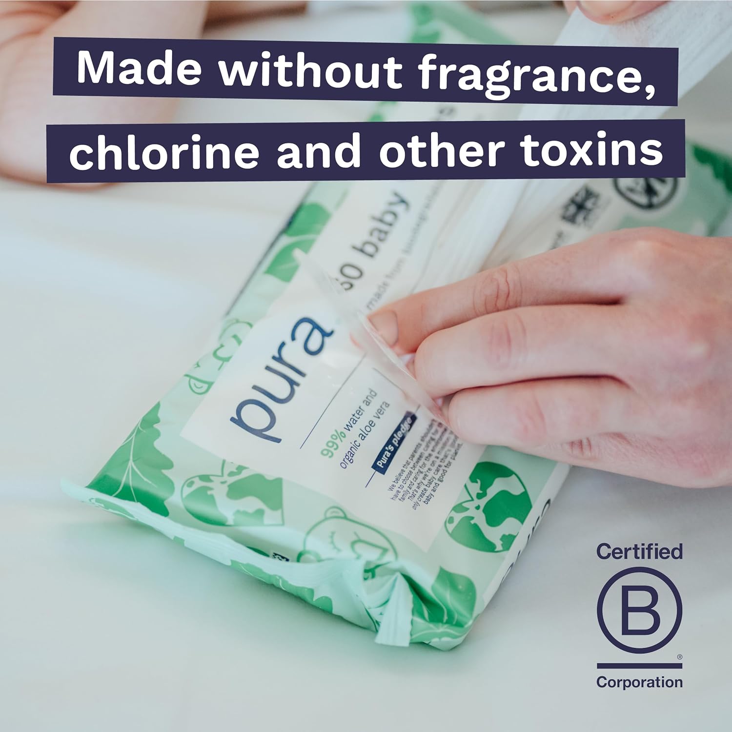 Pura Natural Sensitive Baby Wipes, 99% Water, Unscented & Hypoallergenic, Suitable for Sensitive & Eczema-prone Skin, Fragrance Free & Hypoallergenic, EWG Verified, 1 Pack of 60 Wet Wipes