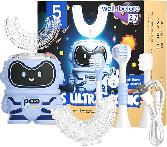 Well Before Ultrasonic Kid's U-Shaped Electric Toothbrush, IPX7 Waterproof, Five Cleaning Modes (Spaceman, Blue Ages 2-7)