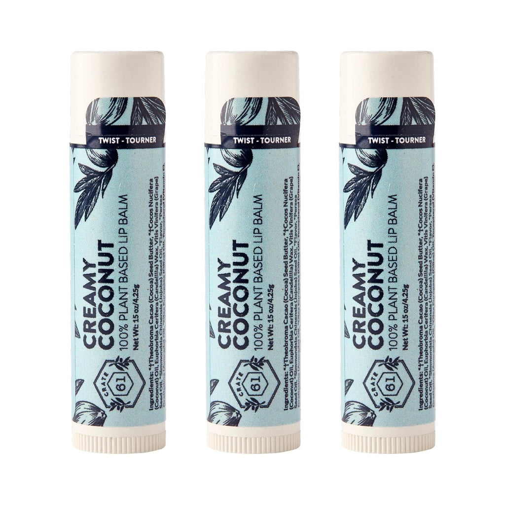 Crate 61 Lip Balm 3-Pack – Creamy Coconut – Plastic-Free Plant Pod® Tube – Made with USDA Organic Ingredients – Natural Lip Care for Dry Lips – Safe for Men, Women & Kids