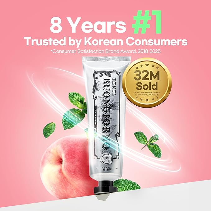 Peach Mint WHITENING Toothpaste (Peach Mint) – Natural Fluoride Korean Toothpaste for Teeth Whitening, Plaque Removal, Strengthens Enamel, Paraben & SLS Free (3.52fl oz / 100g)