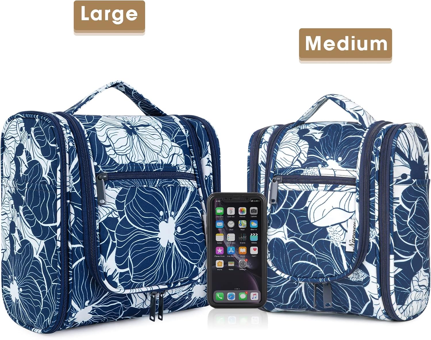 Narwey Hanging Toiletry Bag for Women Travel Makeup Bag Organizer Toiletries Bag for Cosmetics Essentials Accessories (Large, Blue Lotus)