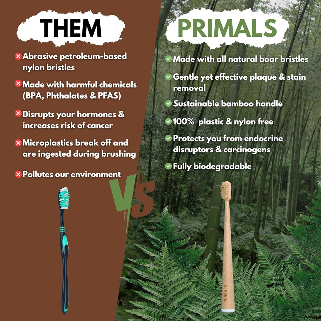 PRIMALS Boar Bristle & Bamboo Toothbrush (4-Pack) - Premium Boar Bristles - Fully Biodegradable - Plastic & Nylon Free - Quick Dry Design