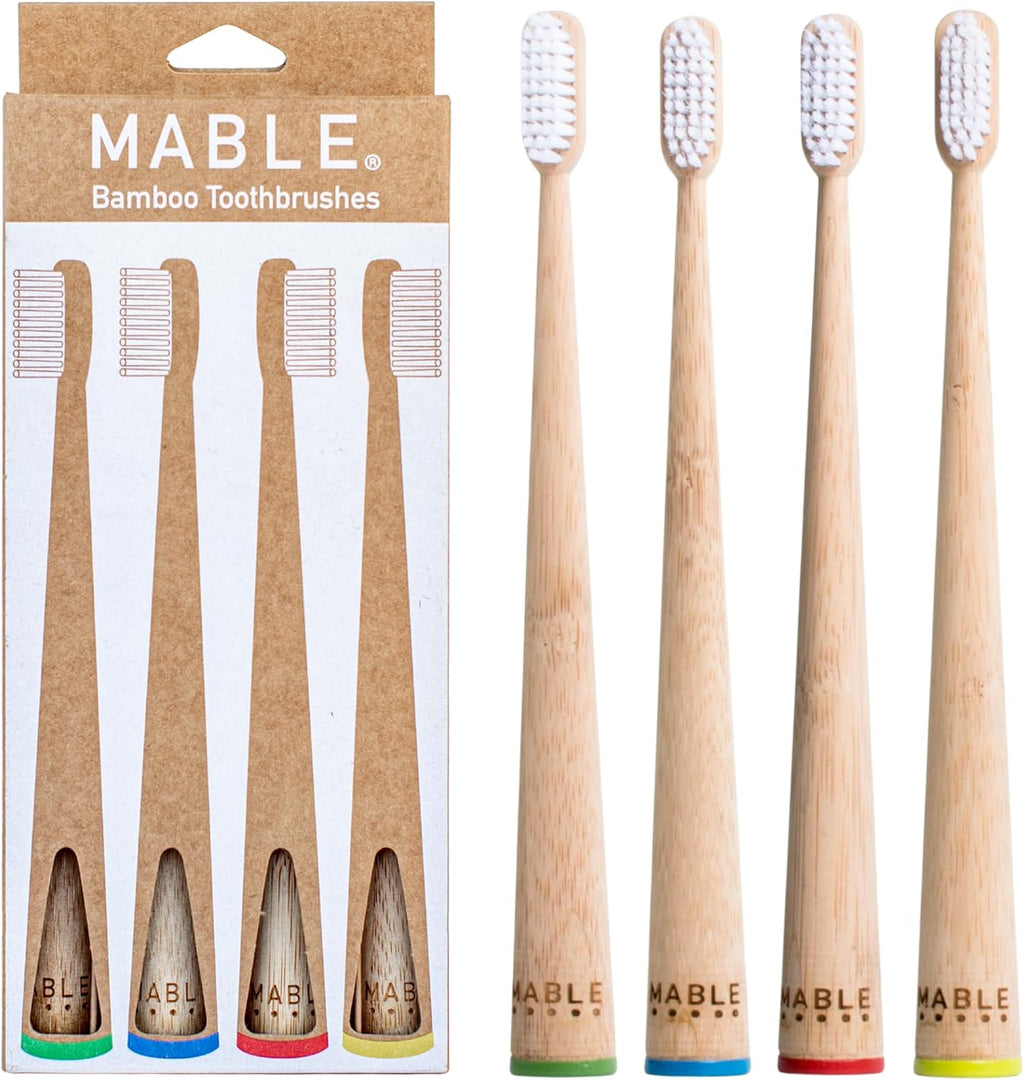 MABLE Bamboo Toothbrush for Adults – Soft Bristle, Compostable Wooden Toothbrushes, Available in 2 Pack and 4 Pack (Soft Bristles (Pack of 4)