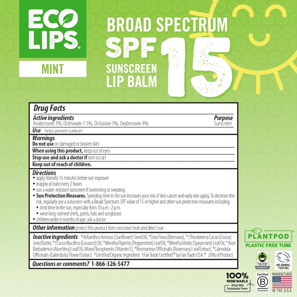 Eco Lips Classic Variety Broad Spectrum Sunscreen Lip Balm 6-Pack (Berry, Sport, Mint) - 100% Plastic-Free Plant Pod Packaging - Made in USA