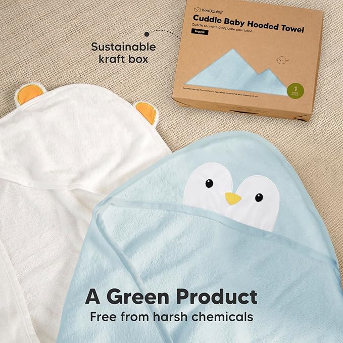 KeaBabies Hooded Baby Towel for Newborn - Viscose Derived from Bamboo Large Baby Bath Towels with Hood for Boys, Girls, Toddler, Extra Absorbent & Soft Newborn Bath Essentials (Penguin, Regular)