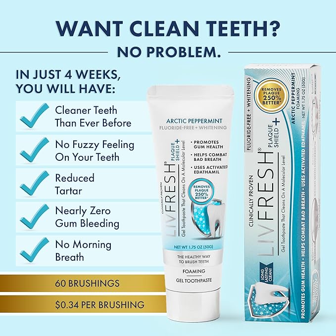 LIVFRESH Toothpaste Gel, Clinically Proven to Remove Plaque 250% Better, Improves Gum Health 190% Better, Reduces Tartar Buildup, Fights Bad Breath, Lasting Cooling Effect, SLS Free, Arctic Peppermint