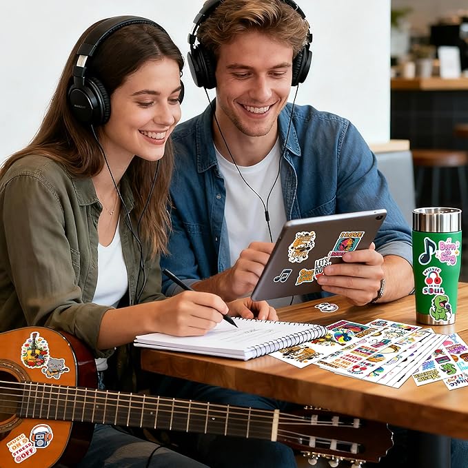 100 PCS Music Stickers Pack, Vinyl Waterproof Decals of Guitars Pianos Drums Microphones Notes Headphones and Bands, Fun Gift for Kids Teens Adults Students Teachers Water Bottle Scrapbook
