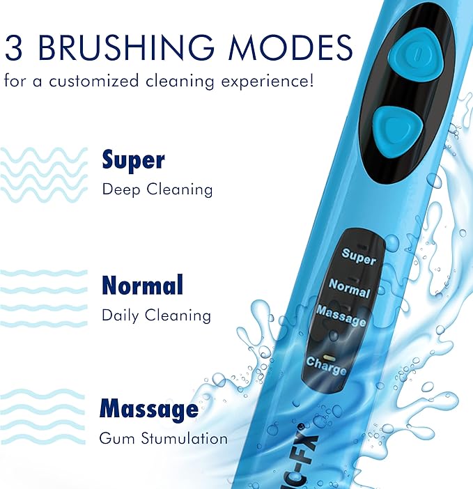 Sonic-FX Solo Electric Toothbrush w/ 10 Brush Heads + 1 Interdental, Charcoal Bristles, Rechargeable, Charging/Storage Base, 3 Brush Modes, Smart Timer, 2 Months Use on Full Charge, Blue Color