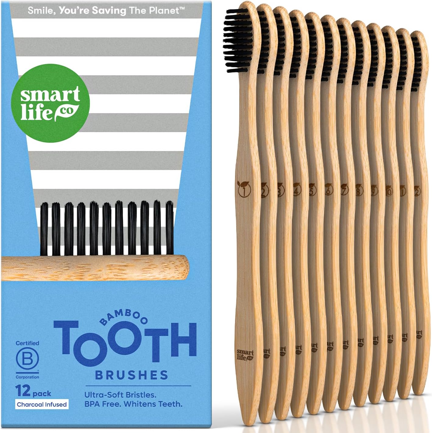 SmartLifeco Charcoal Bamboo Toothbrushes - Extra Soft Natural Bristles for Adults & Kids Teeth | Zero Waste Bulk Wooden Tooth Brush Travel Kit | BPA Free, Eco-Friendly, Vegan - (12 Pack)