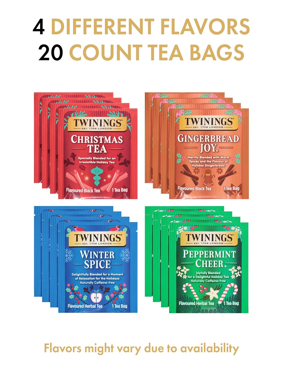 Twinings Christmas Holiday Variety Tea Bag Pack (20 Count), 4 Flavors Include Christmas Tea, Winter Spice, Gingerbread Joy, Peppermint Cheer, Seasonal Gift for Her, Him, Family, Friends