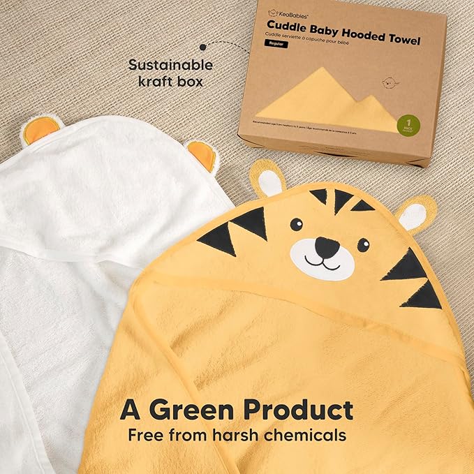 KeaBabies Hooded Baby Towel for Newborn - Viscose Derived from Bamboo Large Baby Bath Towels with Hood for Boys, Girls, Toddler, Extra Absorbent & Soft Newborn Bath Essentials (Tiger, Regular)