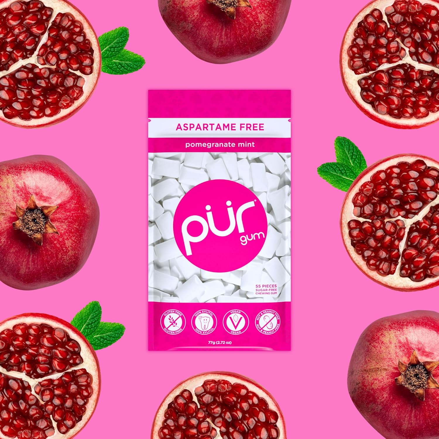 PUR Gum | Aspartame Free Chewing Gum | 100% Xylitol | Natural Pomegranate Mint Flavored Gum, 55 Pieces (Pack of 6)
