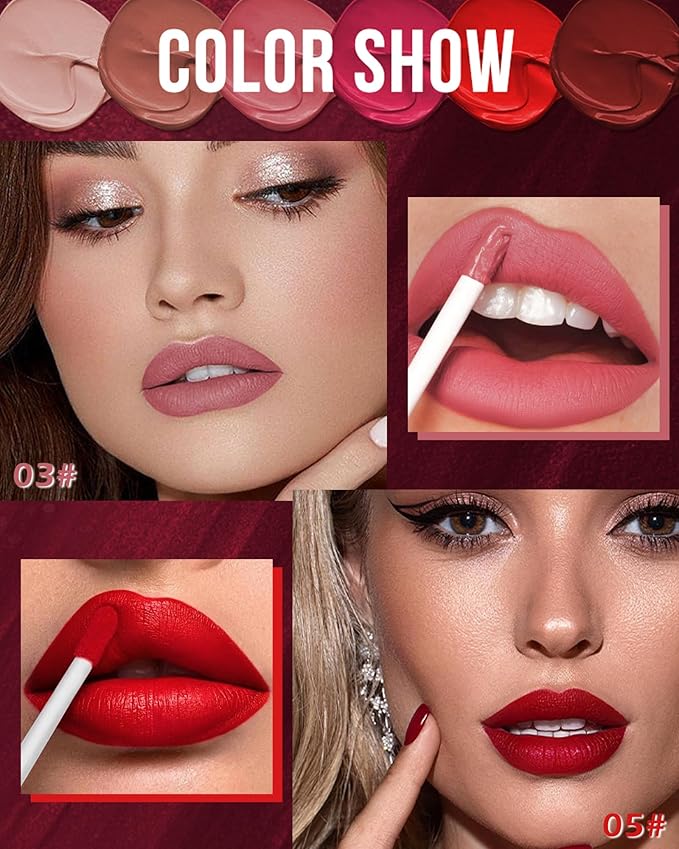 Matte Liquid Lipstick for Women-2Pcs Pink Neutral & Red Highly Pigmented Lip Stain Tint,Super Velvet Matte Lip Gloss, Long Lasting Up to 16H Wear,Waterproof Smudge-proof Non-Stick Cup Lip Makeup-03+05