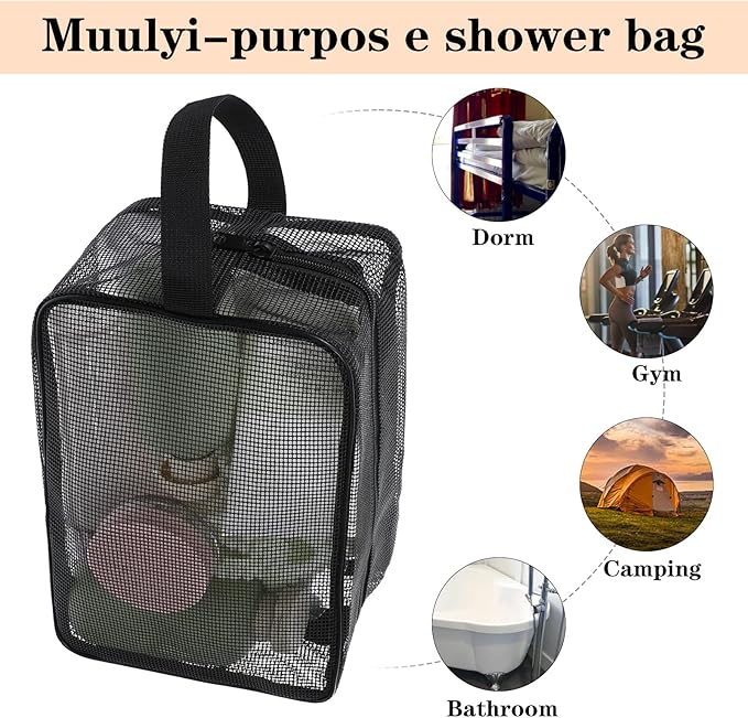 Mesh Shower Caddy Bag, Portable Rectangle Toiletry Bags Quick Dry Tote Bag with Zipper Toiletry Organizer Bags for Gym Travel Camping College Dorm Room Bathroom(9.8x4.3x6.3in)