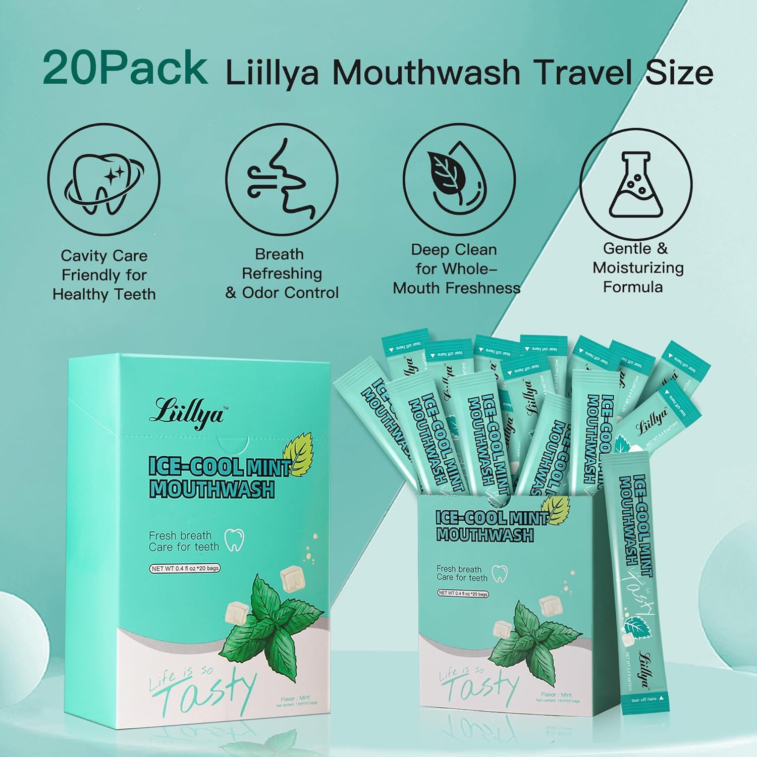 Mouthwash Travel Size, Individual Mini Mouthwash Alcohol Free, Cool Mint for Fresh Breath, Oral Care, Teeth & Gum Health, TSA Compliant, Portable Packets to Go, 0.41 Fl Oz x 20 Packs