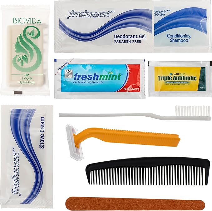Moda West 96 Kits - Bulk Case of Wholesale Deluxe 11 Piece Toiletry Kit for Men, Women, Travel, Charity, Homeless Shelters, Shampoo, Toothpaste, Razor, Comb, Shaving Cream, Deodorant & More, 96 Packs