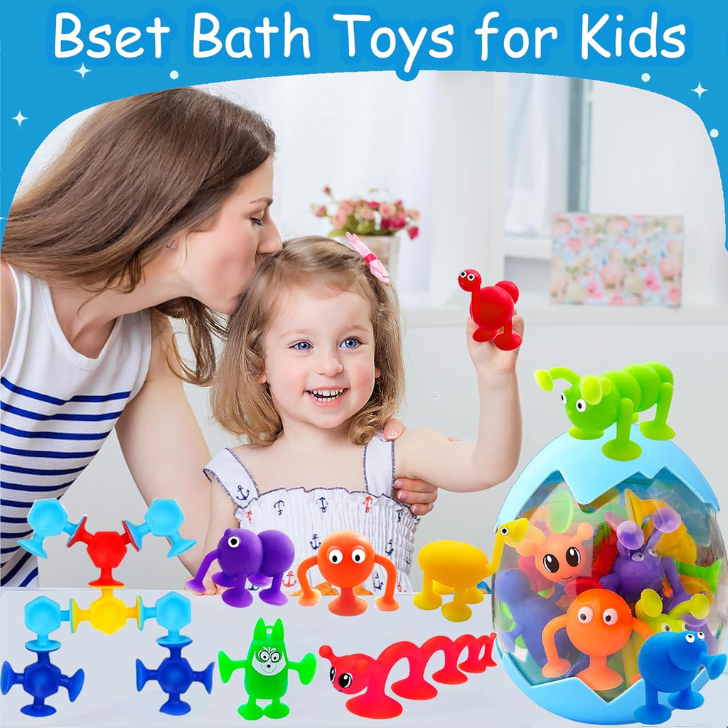 Suction Bath Toys for Kids Age 1-3 3-5, Suction Cup Bathtub Toy Mold Free Party Favor Goody Prize With Eggshell Storage Toddler Silicone Water Table Sensory Travel Window for 2 3 4 5 Year Old Boy Girl