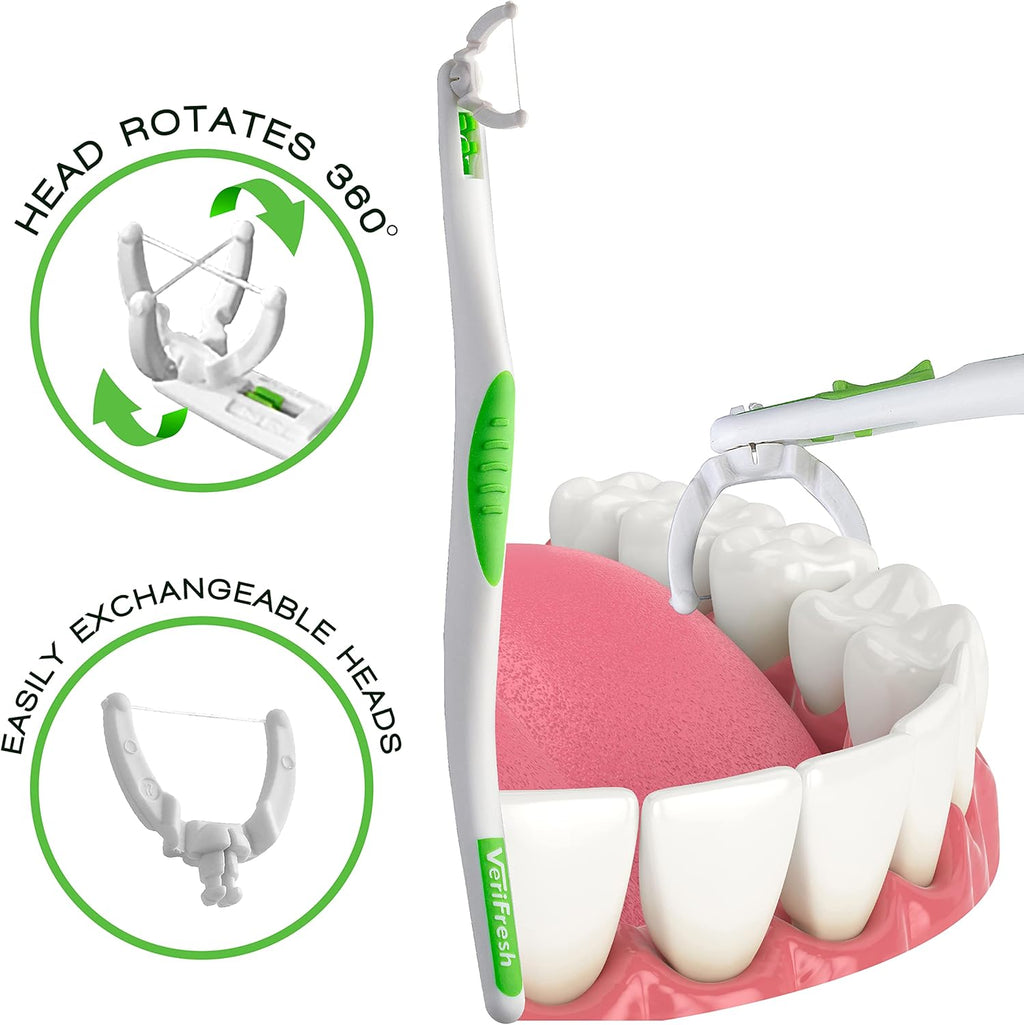 VeriFloss Dental Flosser with 10 Head Refill - Teeth Flossers for Adults & Kids, Flossing Tool - Ergonomic Design w/360° Swivel Head, Glide Lock - Reusable Floss Picks, Cleaning Kit - VeriFresh