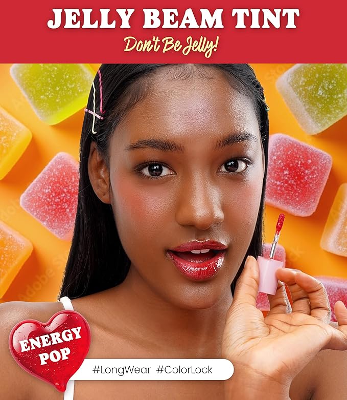 Peach C Jelly Beam Tint - Long Lasting Korean Lip Tint Stain Plumping Jelly Lip Gloss - Lightweight, Moisturizing & Buildable Lip Makeup Jelly Tint Blush with Vitamin E (Energy Pop, 0.07 oz)