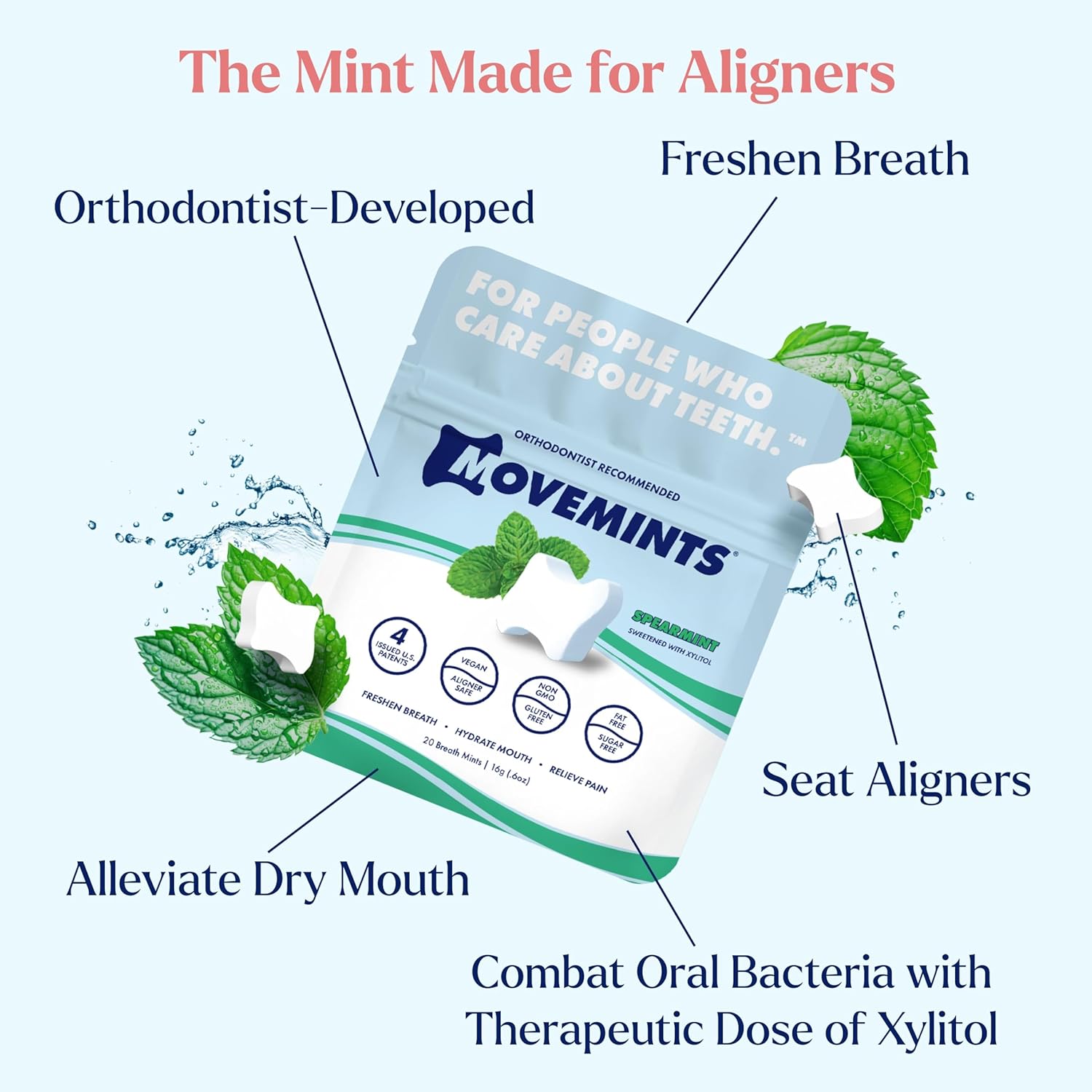 Movemints Clear Aligner Mints - Patented, Edible Alternative to Chewies - Freshen Breath and Improve Dry Mouth with Xylitol - Spearmint (7 Pack)