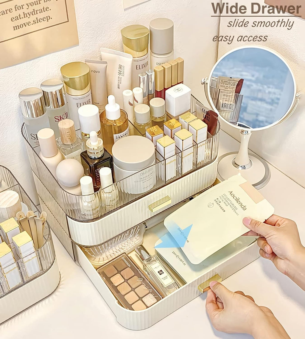 Makeup Organizer with Stackable Drawer, Cosmetic Storage Display Case for Vanity, Bathroom Countertop or Dresser,Counter top Holder for Lipstick, Brushes, Lotions, Eyeshadow, Nail Polish