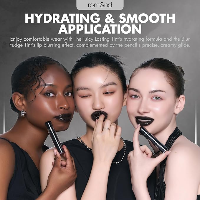rom&nd BLACK LIP TRIO EDITION – Authentic Black Glossy Lip Tint & Liner Pencil Set | Buildable, Hydrating, Versatile K-Beauty Makeup