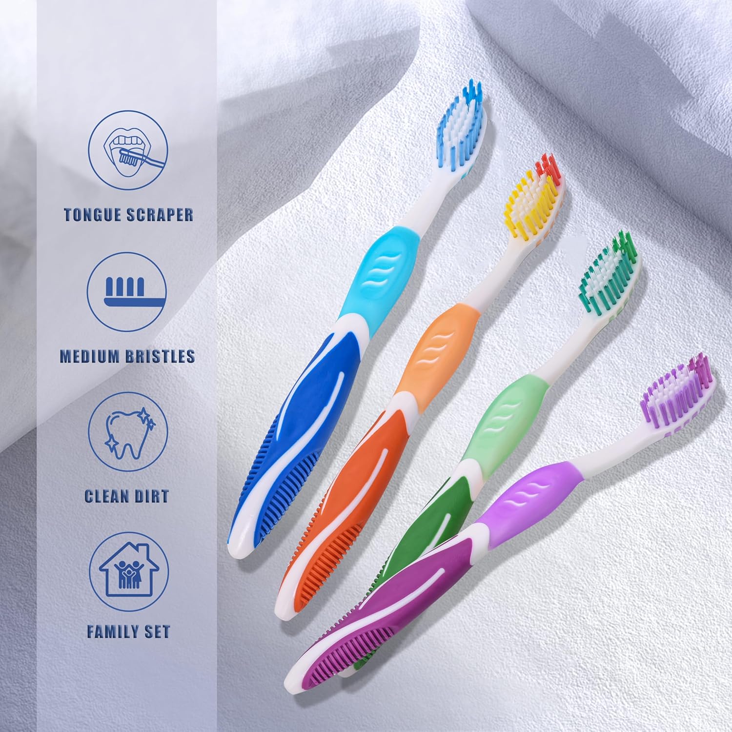 Toothbrush Medium Adults, Medium Toothbrushes for Adults with Tongue Scraper, Travel Toothbrushes with Ergonomic Handle, Assorted Colors, 8 Pack