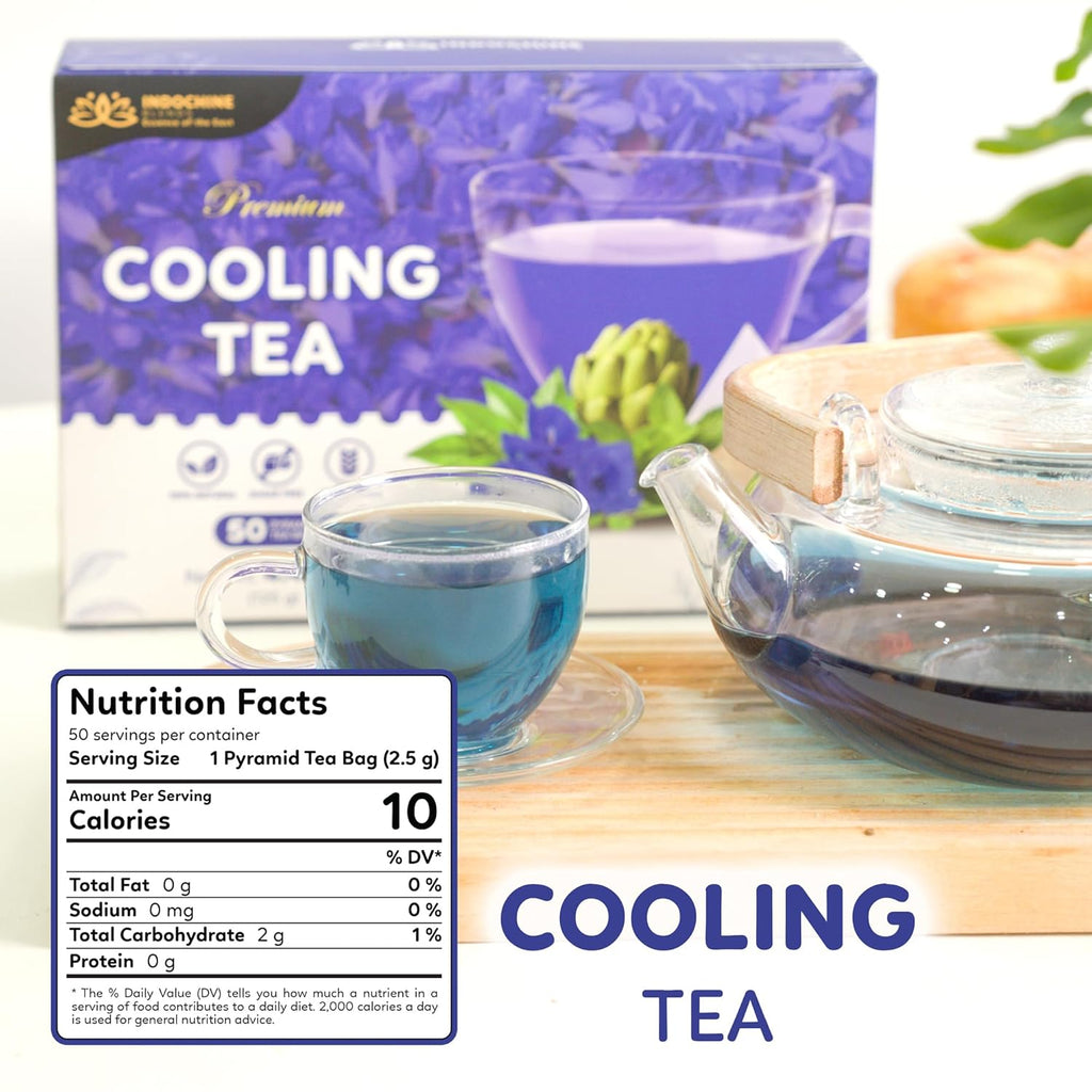 Indochine Blends Cooling Tea | Oolong, Artichoke, Butterfly Pea & Peppermint | Sugar-Free, Caffeine-Free Herbal Tea | Vibrant Blue | Herbal Tea for Relaxation | 4.4 oz | 50 Corn-Fiber Pyramid Bags