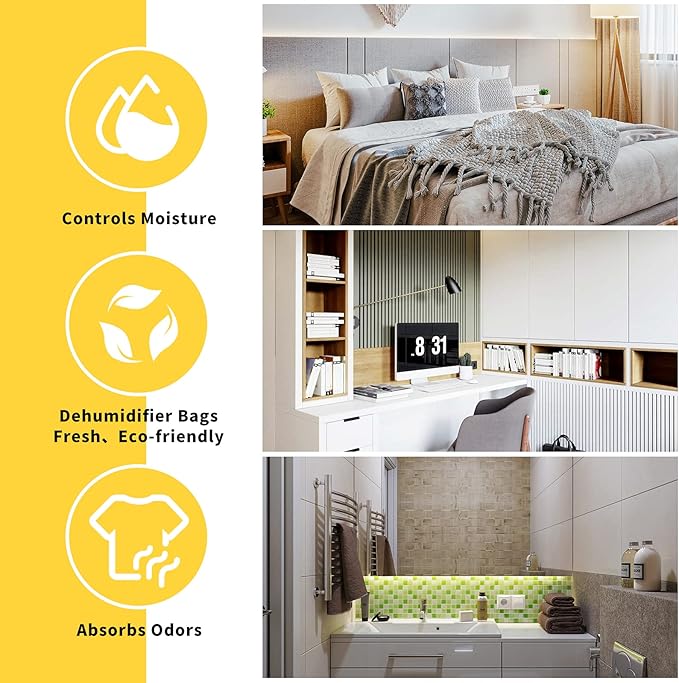 ZSZMFH 15 Pack Moisture Absorber & Max Odor Eliminator Hanging Bag, Charcoal Smell Remove Damp Musty Smell,Hanging Closet Dehumidifier Bags with 25g of Activated Charcoal (220g/pack) Yellow