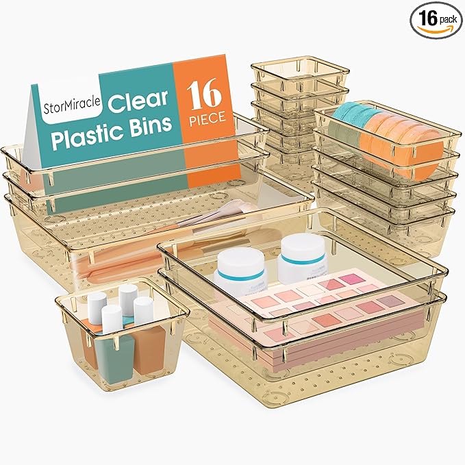 16 PCS Drawer Organizer Set, 5 Varied Size Bathroom and kitchen Drawer cabinet organizer Trays, Clear Storage Bins for Makeup, Jewelry, Utensils and Gadgets, Champagne