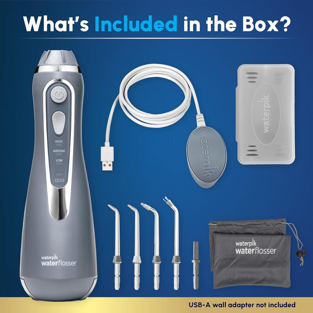 Waterpik Cordless Advanced 2.0 Water Flosser For Teeth, Gums, Braces, Dental Care With Travel Bag and 4 Tips, ADA Accepted, Rechargeable, Portable, and Waterproof, Gray WP-587, Packaging May Vary
