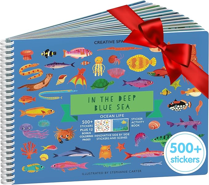 Cupkin Ocean Sticker Book Activity for Kids, Toddler Airplane Travel Essentials, 500+ Shark Stickers for Kids + 12 Scenes + 12 Coloring Book Pages, Deep Blue Sea Gift, Kid Crafts Ages 2-8
