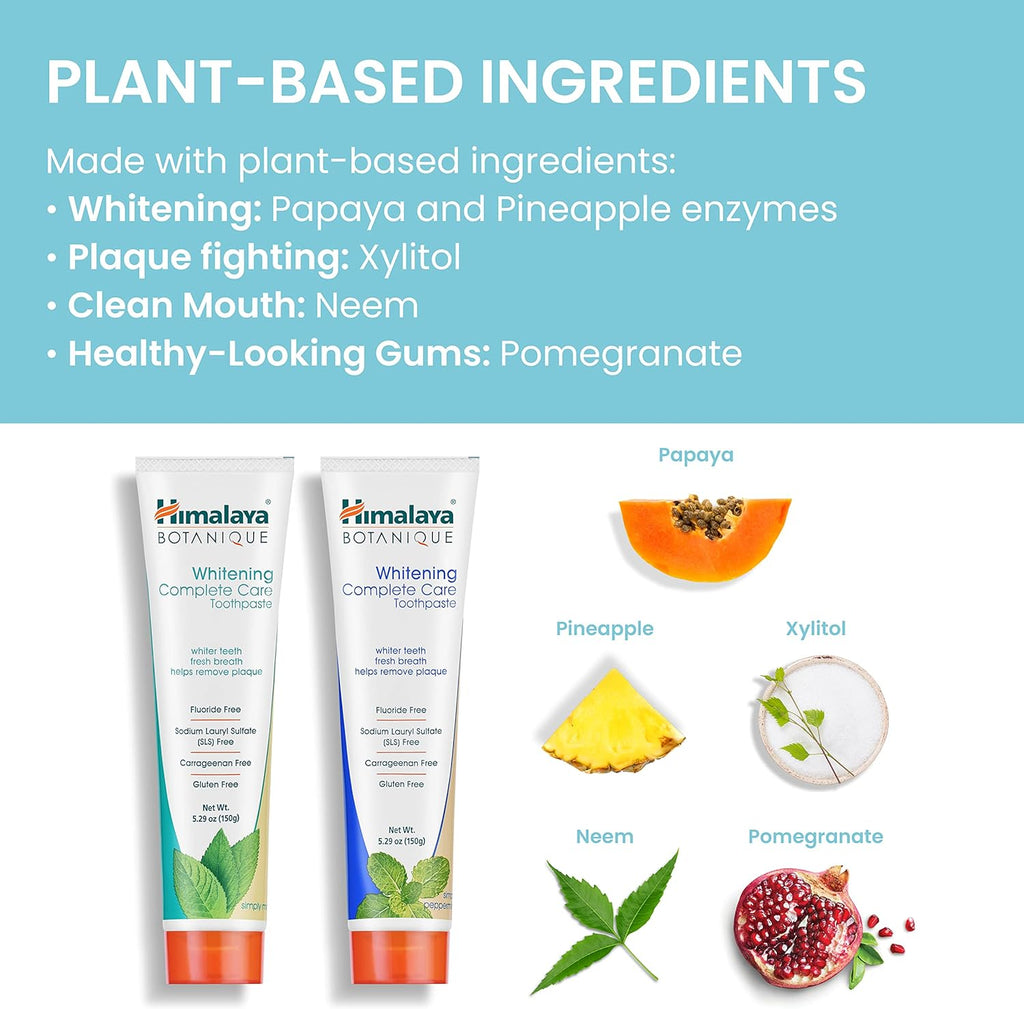 Himalaya Botanique Whitening Complete Care Toothpaste, Mint and Peppermint Flavors - Whitening Toothpaste Without Fluoride for Brighter Teeth & Fresh Breath - Vegan, Gluten Free, 5.29 oz (Pack of 2)