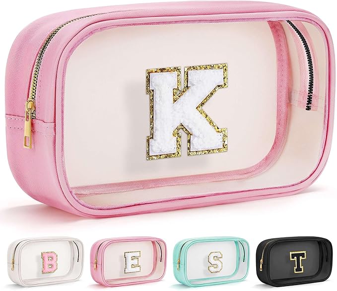 YOOLIFE Christmas Gifts for Teenage Girls Stocking Stuffers Teacher Gifts Initial Clear Makeup Bag Pouch Travel Toiletry Cosmetic Bags Birthday Gift for 4 5 6 7 8 9 10 11 12 Year Old Girls Pink K