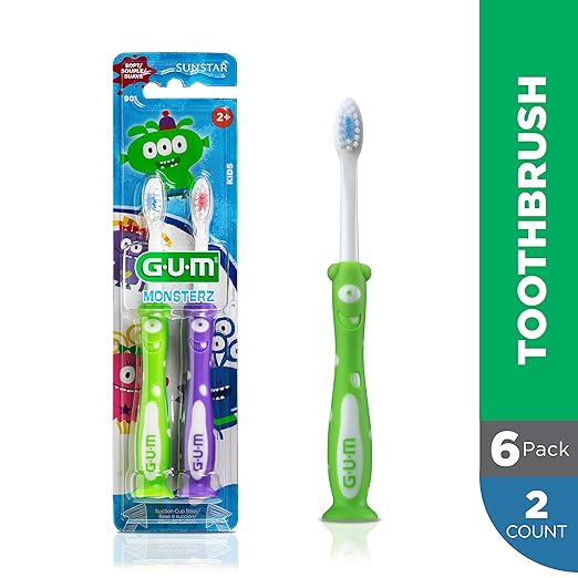 GUM Monsterz Children and Toddler Toothbrush, Soft Bristled Kids’ Toothbrush with Suction Cup, for Ages 2+, 2 Count(Pack of 6)