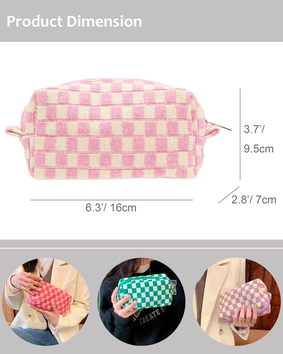 PAZIMIIK 2PCS Checkered Makeup Bag for Purse Portable Zipper Make Up Pouch Small Cosmetic Case for Travel Accessories Pink Beige