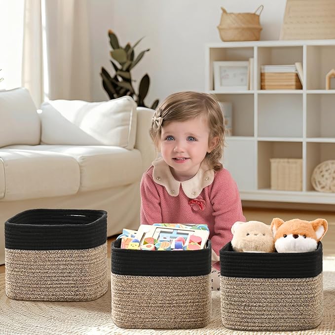 3 Pack Cube Storage Bin, 9”x9”x7” Cotton Rope Woven Baskets for Organizing Toys Clothes Towels, Square Gift Storage Baskets for Shelf, Nursery, Closet, Bathroom, Pantry (Black & Brown)