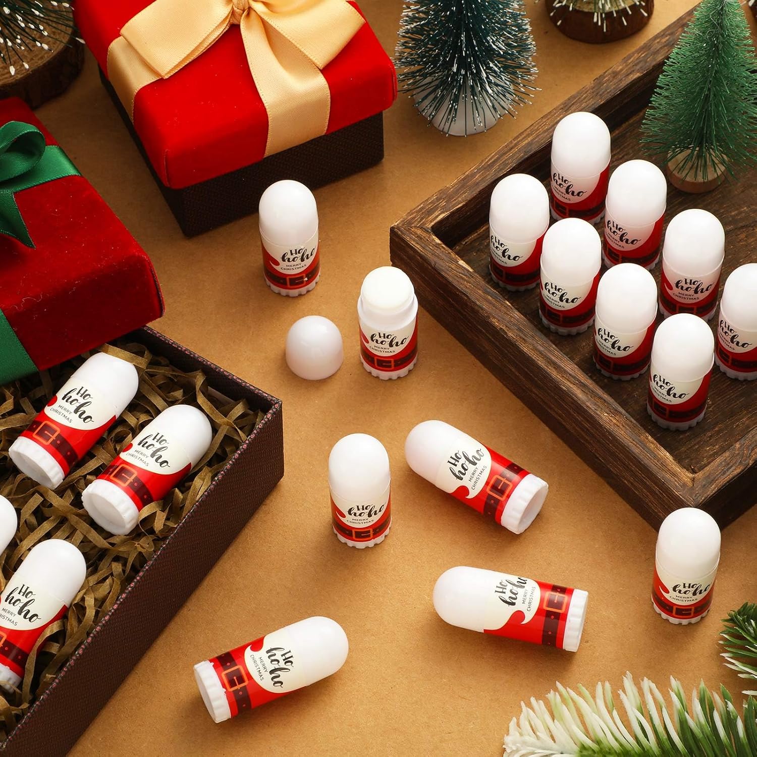 50 Pcs Christmas Mini Lip Balm Pack Thank You Gifts Moisturizer Assorted Flavors Beeswax Natural Ingredients Dry Chapped Lip Care Products for Coworkers Women Friend Men(Santa Claus)