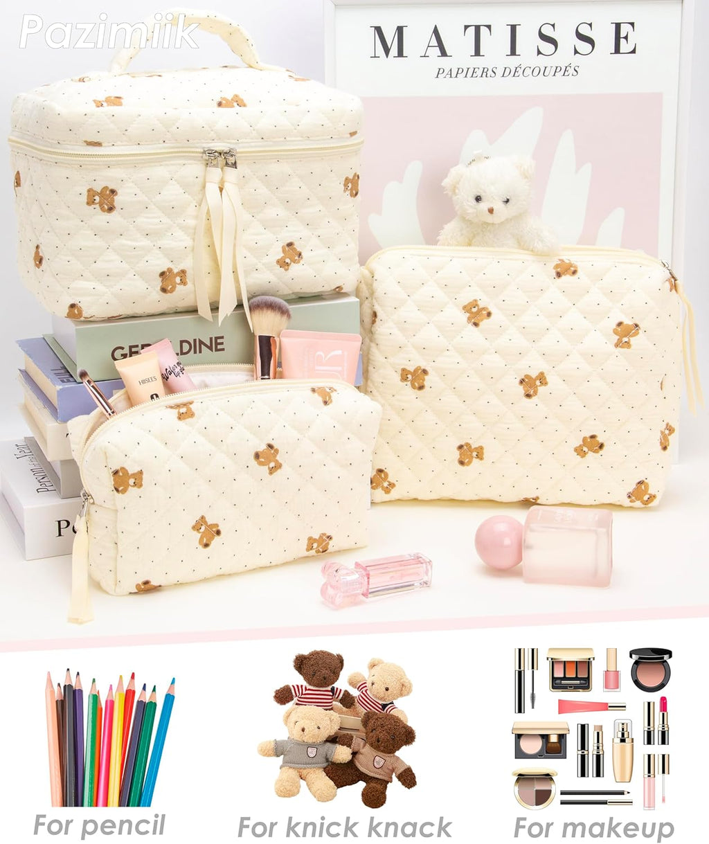 PAZIMIIK 3PCS Makeup Bag SET Large Travel Quilted Zipper Soft Cosmetic Case Pouch for Women Girls Make Up,Gauze Bear