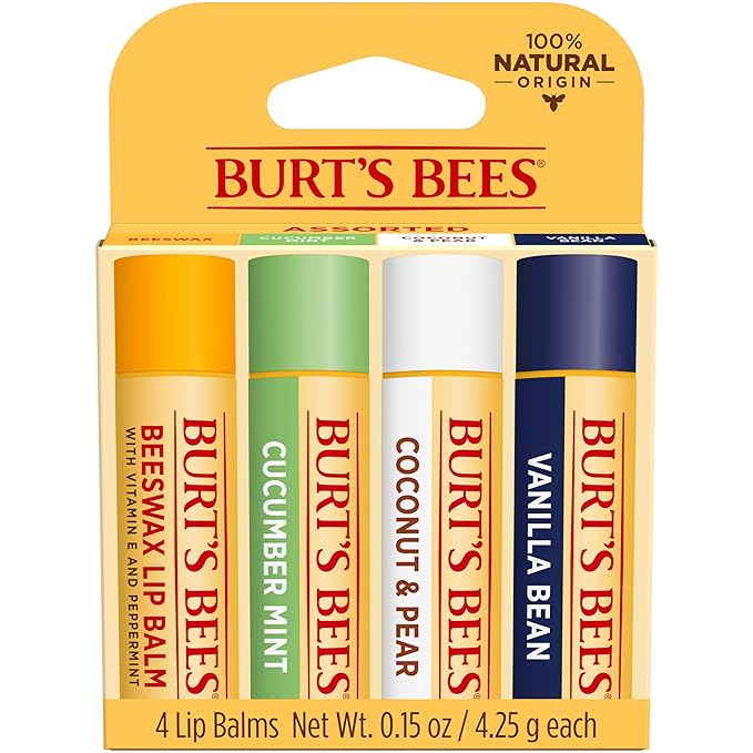 Burt's Bees Lip Balm - Beeswax, Cucumber Mint, Coconut & Pear, and Vanilla Bean Pack, With Responsibly Sourced Beeswax, Tint-Free, Natural Origin Lip Treatment, 4 Tubes, 0.15 oz.